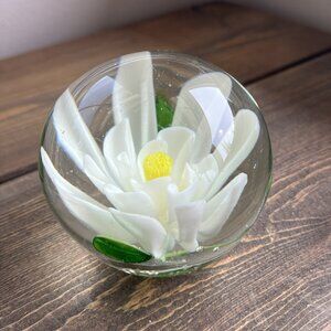 Vintage Art Glass Paperweight White Flower Hand Blown 3"